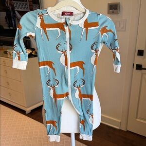 Milkbarn - Baby Blue & Brown Buck Deer Print Zipper Pajama Onesie - Size: 9-12M